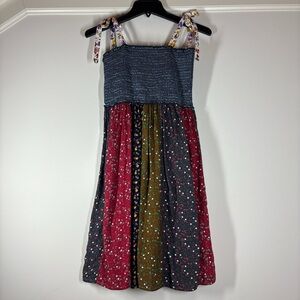 NWT Young Threads Patchwork Floral Smocked Mini Dress Tie Strap Sz M Blue Multi